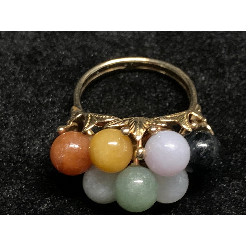 Vintage 14K Yellow Gold Multi Color Jade Jadeite Cluster Ring Size 6.5 7.33g